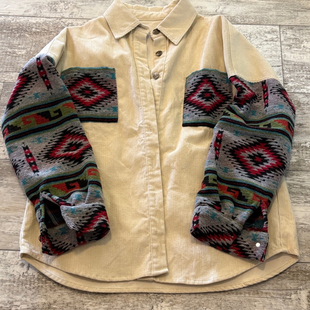 Beige Corduroy Shirt with Patterned Sleeves